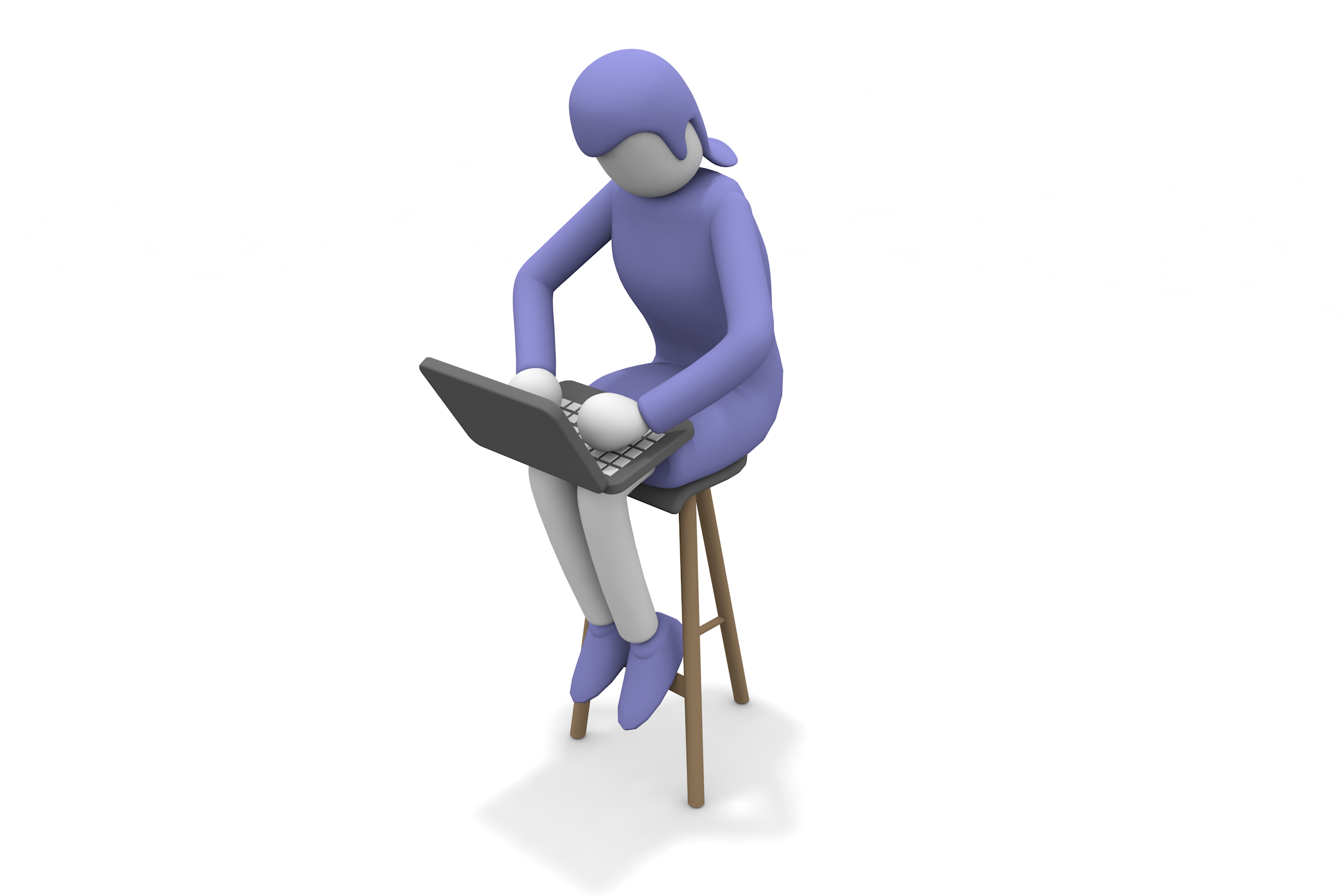 高い椅子に座り、パソコンをする女性。 - フリーで使えるイラスト。メンバー登録なし。サイズ：2,100×1,400