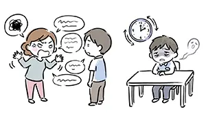 長時間にわたる客のクレーム説教で時間が過ぎ疲労困憊する男性社員のイラスト