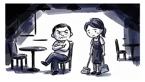 閉店時間を過ぎても帰らず店に居座り店員を困らせる男性客のイラスト